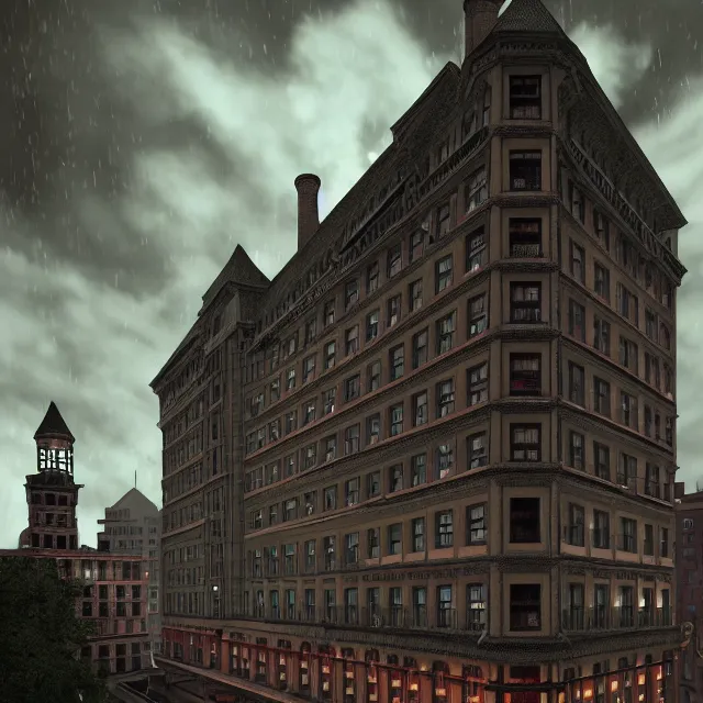 Prompt: painting of a 1 9 2 0 s gothic style hotel in downtown boston, overlooking a dark street, architectural, atmospheric lighting, brooding, painted, intricate, ultra detailed, well composed, best on artstation, cgsociety, epic, stunning, gorgeous, intricate detail, much wow, masterpiece, cinematic aesthetic octane render, 8 k hd resolution,