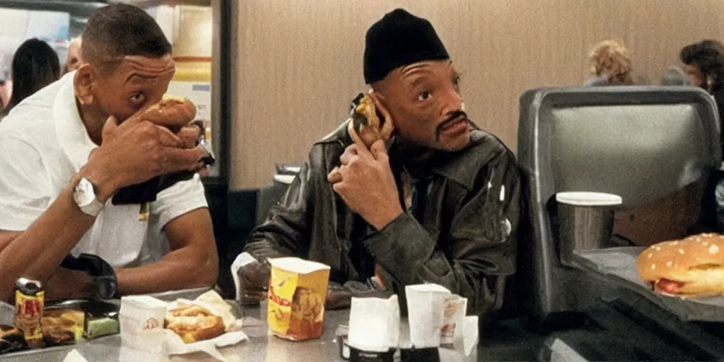 Image similar to e. t will smith sitting in a mc donald ’ s restaurant with an angry expression because he got the wrong hamburger.