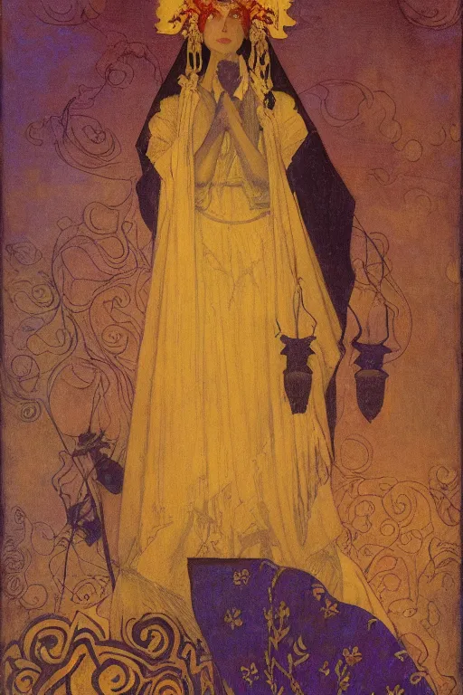 Image similar to queen of the dawn with her lantern and birds, by Nicholas Roerich and jean delville and Annie Swynnerton, elaborate headdress and embroidered velvet, iridescent beetles, rich color, dramatic cinematic lighting, extremely detailed