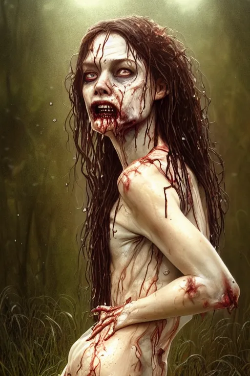 Image similar to full body portrait of walking dead zombie, standing in a pond, soaking wet hair, by terry o'neill intricate, elegant, highly detailed, digital painting, glistening skin, artstation, concept art, smooth, sharp focus, bright lighting, illustration, art by artgerm and greg rutkowski and alphonse mucha, 8 k