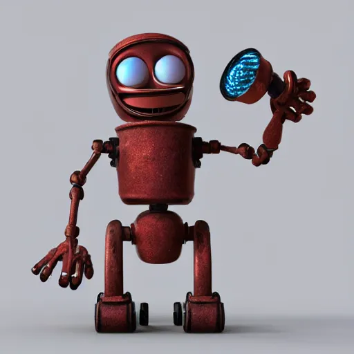 Image similar to figure of rusty bot on 3 wheels, humbly smiling, lightbulbs as eyes, 3 d realistic, pixar esthetics, light tracing, 8 k