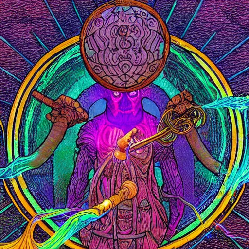 Prompt: psychedelic glowing cleric casting holy divine yellow spell , in the style of Greg Broadmore and junji ito and Arthur Rackham and Moebius, trending on artstation, light lighting side view,digital art,surrealism ,macro,blueprint ,vaporwave ,