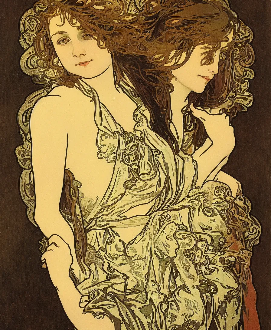 Image similar to portrait by Alphonse Mucha in the style of Davinci