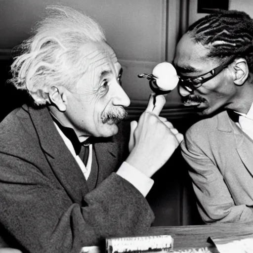 Prompt: Albert Einstein and Snoop Dogg discussing theoretical physics and smoking weed, black and white, historical photo, 1950s, 4k, photorealistic