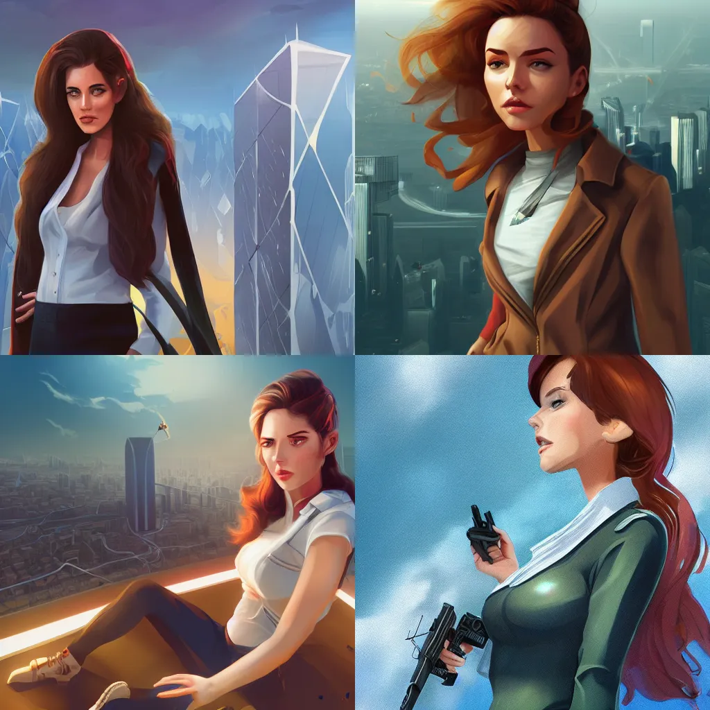 Prompt: an attractive young female on top of the skyscraper with strong winds, illustration, sharp focus, concept art, artstation, digital painting, highly detailed, smooth, in the style of tv-show Narcos