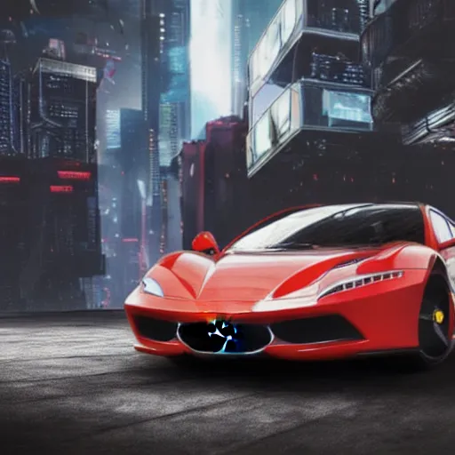 Image similar to promotional photo of a futuristic cyberpunk ferrari