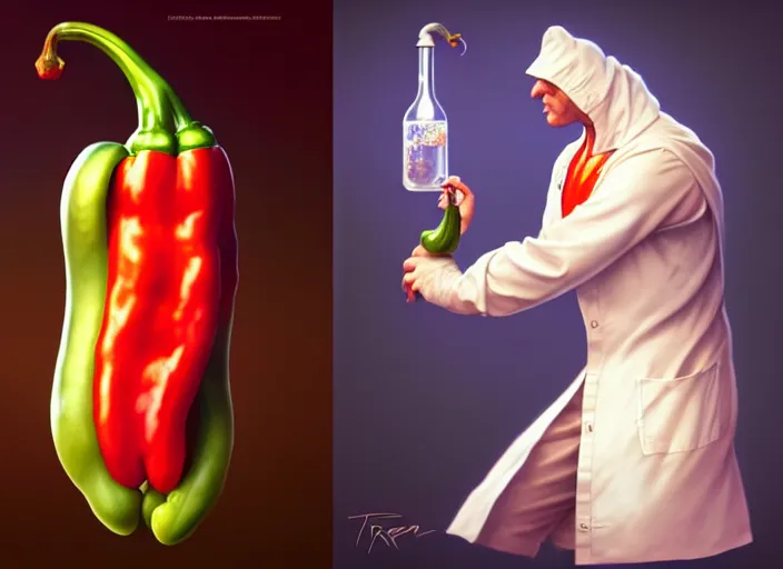 Image similar to a anthropomorphic pepper wearing a lab coat, diffuse lighting, fantasy, intricate, elegant, highly detailed, lifelike, photorealistic, digital painting, artstation, illustration, concept art, smooth, sharp focus, art by frank frazetta and marco bucci and loish and rossdraws and artgerm and alphonse mucha