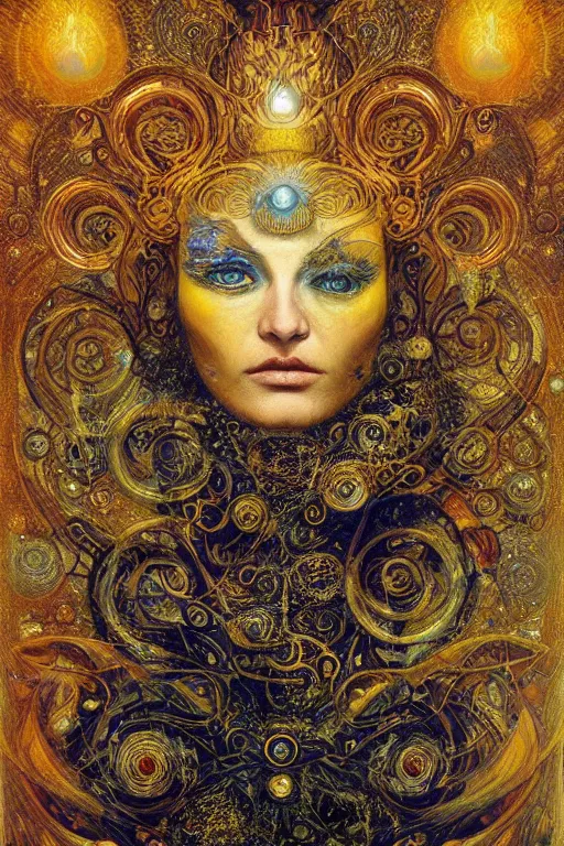 Image similar to Divine Chaos Engine by Karol Bak, Jean Deville, Gustav Klimt, and Vincent Van Gogh, beautiful visionary mystical portrait, sacred, otherworldly, fractal structures, Surreality, SpiralDeeArts, ornate gilded medieval icon, third eye, spirals