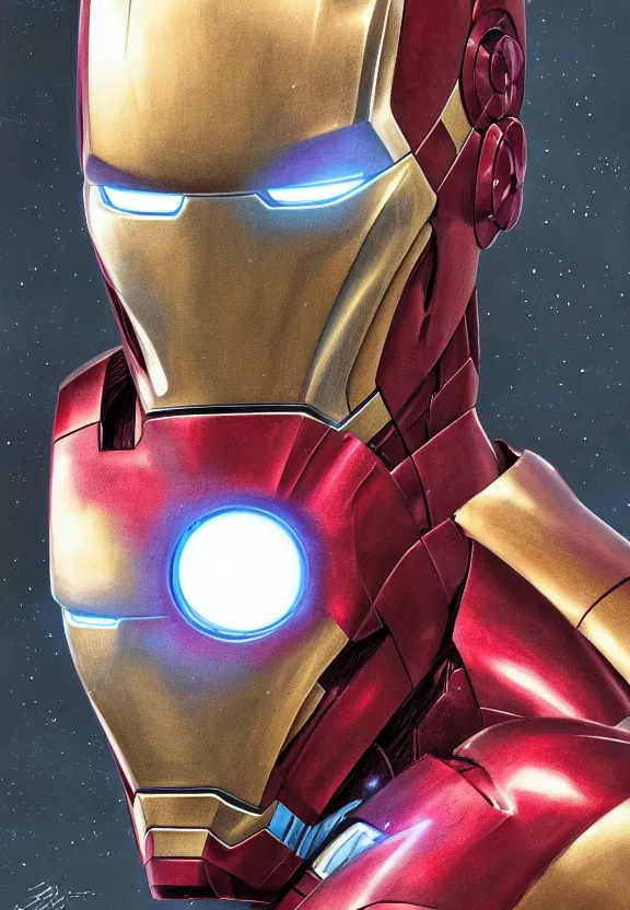 Prompt: iron man portrait close up, highly detailed, science fiction, dark lighting, glowing eyes, art style by klimt and nixeu and ian sprigger and wlop and krenz cushart