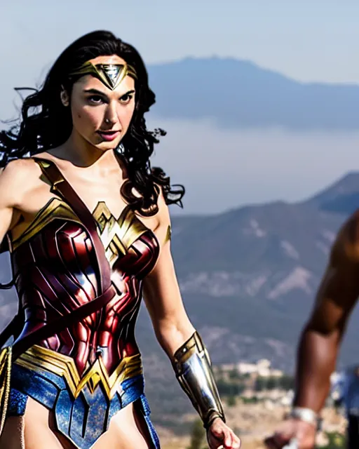 Image similar to gal gadot as wonder woman, at the 2 0 0 - meter starting line, ancient greek olympic trials, mount olympus can be seen off in the distance, sports photography in the style of neil leifer