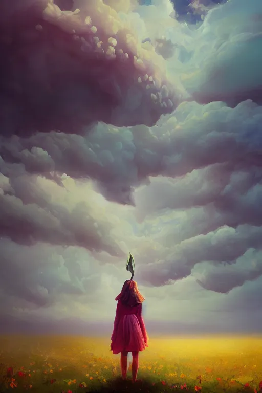 Image similar to closeup girl with giant dahlia flower as head, standing on mountain, surreal photography, blue storm clouds, dramatic light, impressionist painting, digital painting, artstation, simon stalenhag