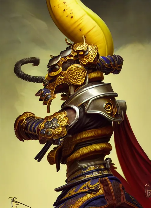 Image similar to a anthropomorphic banana wearing samurai armor, diffuse lighting, fantasy, intricate, elegant, highly detailed, lifelike, photorealistic, digital painting, artstation, illustration, concept art, smooth, sharp focus, art by frank frazetta and marco bucci and loish and rossdraws and artgerm and alphonse mucha