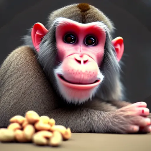Prompt: fluffy cute moroccan macaque eating peanuts, unreal engine, octane render, 8k
