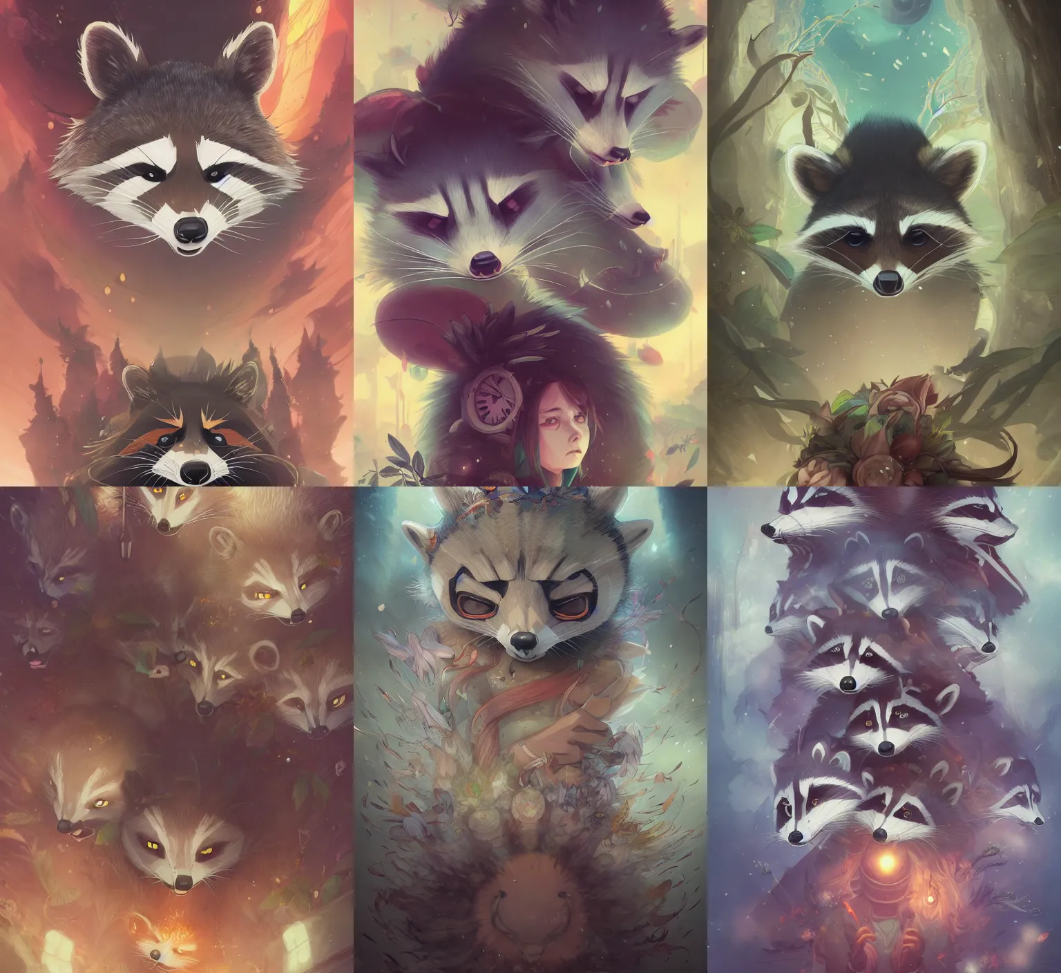 Prompt: rise of the raccoons by Anna Dittmann and studio ghibli, digital art, horror, trending on artstation, anime arts, featured on Pixiv, HD, 8K, highly detailed, good lighting, beautiful, epic, masterpiece