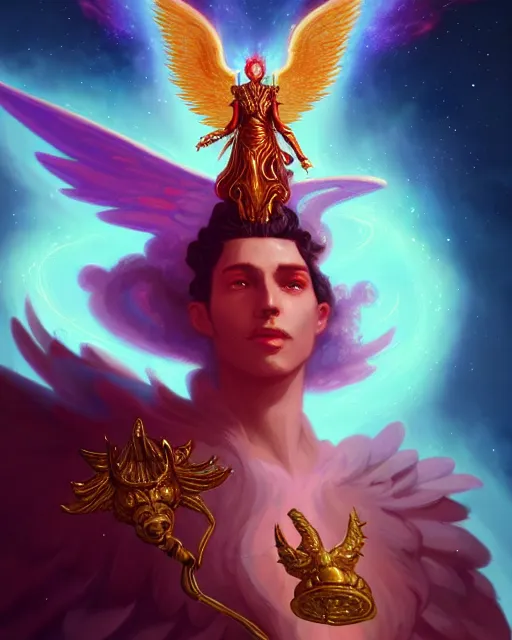 Prompt: a character portrait of only one male angel of justice with golden fiery wings, surrounded with spiriling sparkling rose crystals and galaxies, by peter mohrbacher, hyper light drifter, jim burns, greg rutkowski, trending on artstation