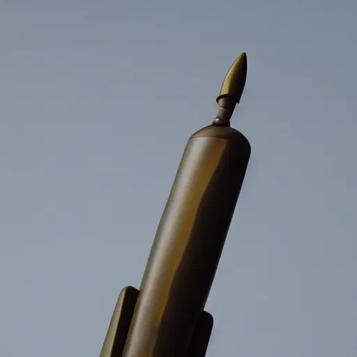 Prompt: polished bronze sculpture of a rocket launching into space, modern, minimalistic, archive museum catalog photograph, white background, high resolution sharp, high contrast, pensive