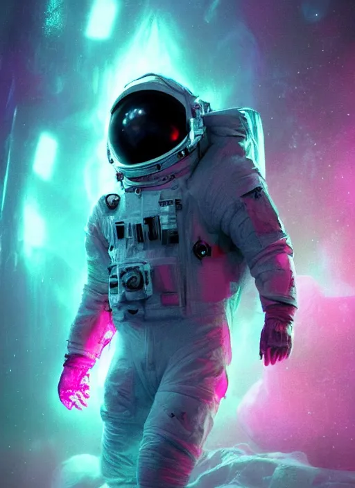 Image similar to complex poster art by craig mullins astronaut in futuristic pink and empty spaceship underwater. infrared glowing lights. complex and hyperdetailed technical suit. reflection and dispersion materials. rays and dispersion of light. volumetric light. 5 0 mm, f / 3 2. noise film photo. flash photography. unreal engine 4, octane render. interstellar movie poster