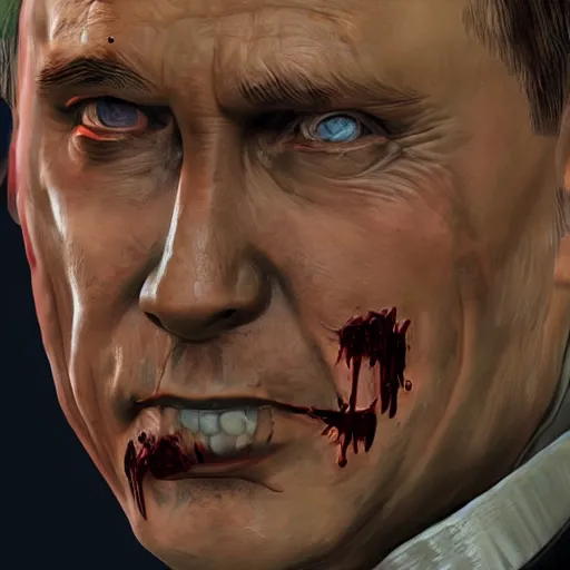 Prompt: Putin Zombie in GTA V, close up view, cover art by Stephen Bliss, artstation, no text