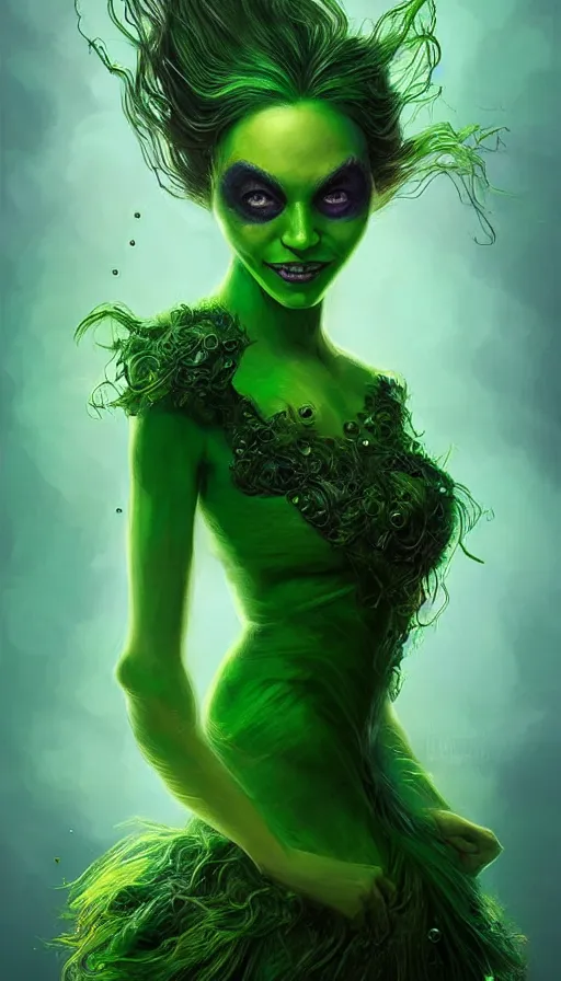 Image similar to portrait of magical green goblin female , dark fantasy, gradient green black, dreamy and ethereal, (colour) eyes, one head, golden ratio, peaceful expression, ornate frilly dress, fantasy, intricate, elegant, rainbow bubbles, highly detailed, digital painting, artstation, concept art, smooth,b sharp focus, illustration, art by artgerm and greg rutkowski and alphonse mucha