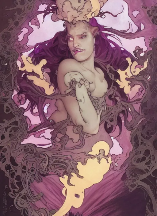 Image similar to mad madam mim, ugly, warts, purple smoke aura in motion, floating pieces, painted art by tsuyoshi nagano, greg rutkowski, artgerm, alphonse mucha, spike painting