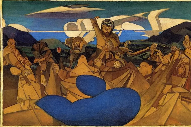 Image similar to the wake of the unseen object,by Nicholas Roerich and William Dyce and ford madox brown, symbolist, dramatic lighting, elaborate geometric ornament, cool blue and green colors, Art Brut, smooth, sharp focus, extremely detailed