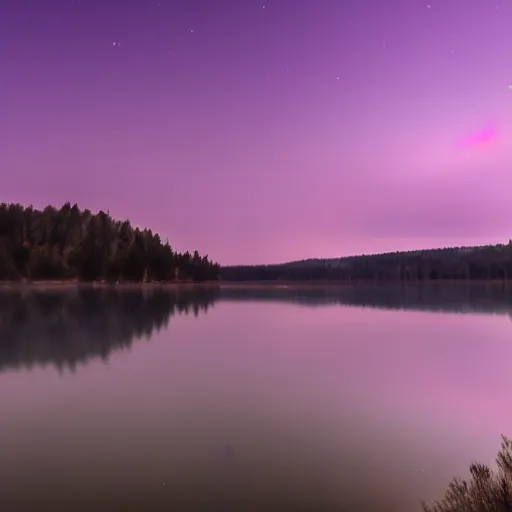 Prompt: Stunning 4K night photograph of a lake covered in purple mist.