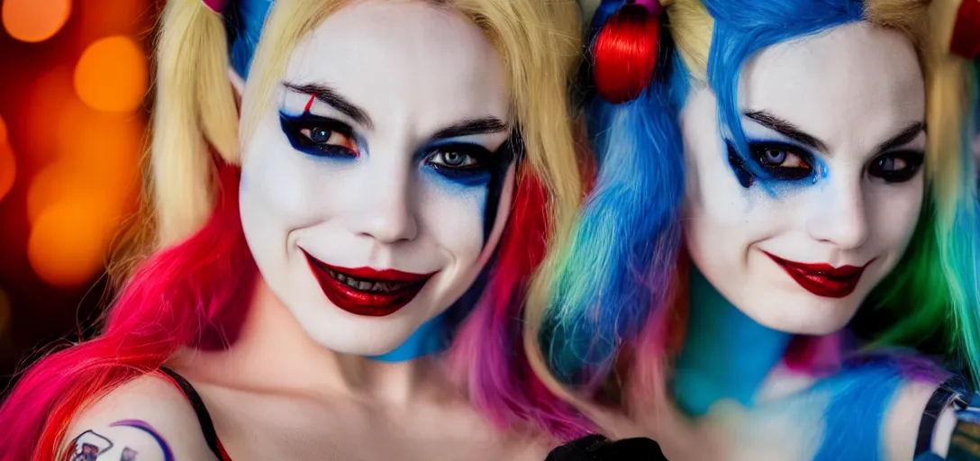 Image similar to a beautiful harley quinn photorealism bokeh