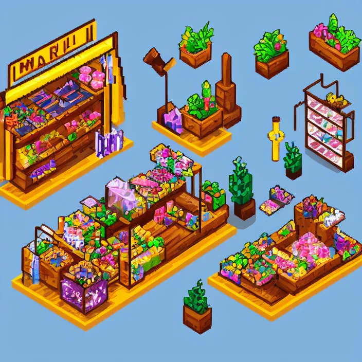 Image similar to isometric pixel art of a small market stall selling magical crystals