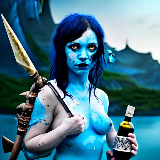 Image similar to a dnd Triton girl with blue skin and messy black hair drinking from a leather wine flask, a little blue-skinned girl with messy black hair sharp pointed ears freckles along the ridges of her cheeks, dnd triton, high resolution film still, 4k, HDR colors