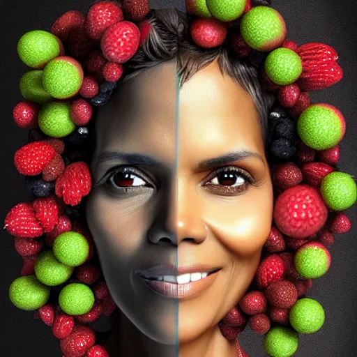 Image similar to ultra detailed two halle berry shaped exactly like berries on a tree duplicate rendered by octane digital painting inspired by arcimboldo