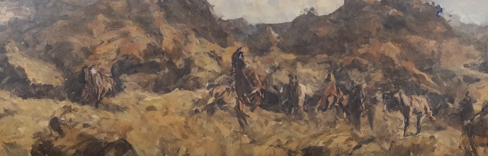 Image similar to lots of horses running through the canyon, they might be crawling, original oil on canvas painting by sydney mount