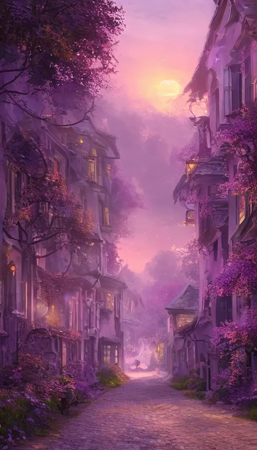 Image similar to landscape of a beautiful street full of wysteria, purple lighting, sunset, dusk. old houses by the road. hyper detailed, artstation cgsociety, 8 k