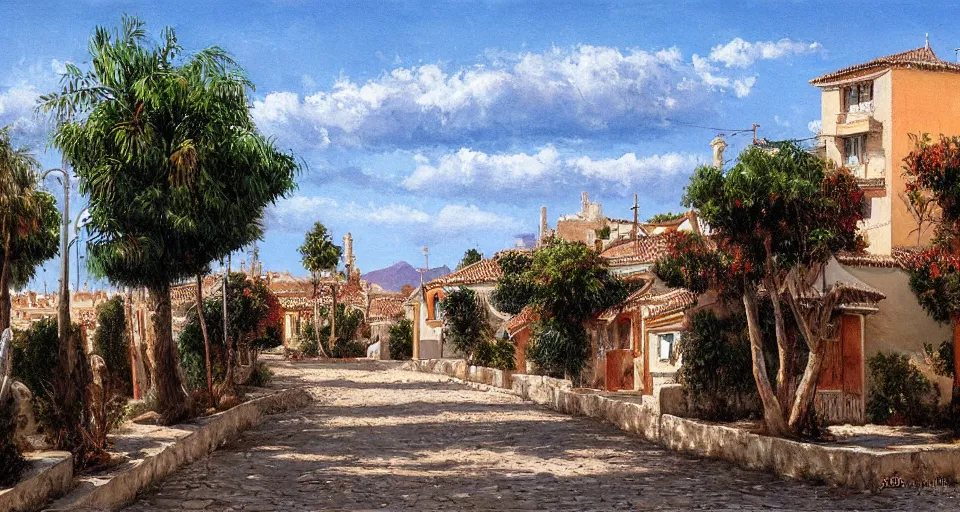 Prompt: Ted Nasmith painting of a Marbella city street landscape