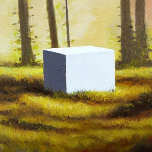 Prompt: oil painting of a white concrete cube sitting in the middle of a forest clearing