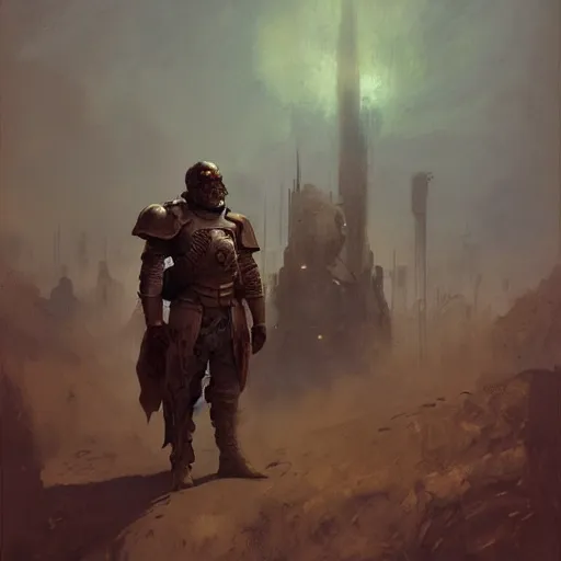 Prompt: portrait of handsome, haunted, brown - bearded far - future resistance fighter wearing armored shoulder and gauntlet and shemagh, concept art by greg rutkowski, beksinski, deak ferrand, anato finnstark, and rembrandt