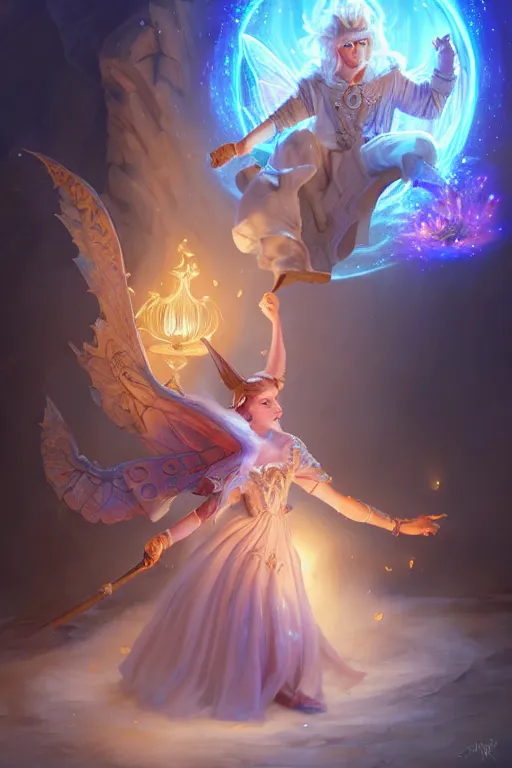 Image similar to legendary fairy prince wizard cast a spell, highly detailed, d & d, fantasy, highly detailed, digital painting, trending on artstation, concept art, sharp focus, illustration, global illumination, ray tracing, realistic shaded, art by artgerm and greg rutkowski and fuji choko and viktoria gavrilenko and hoang lap