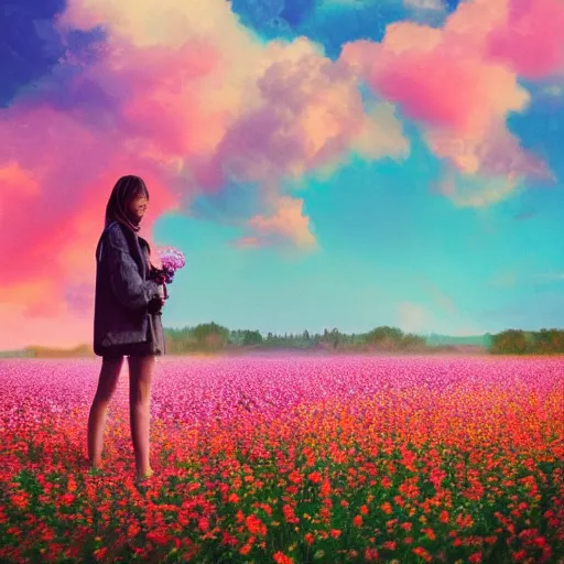 Image similar to woman with a flower face, standing in flower field, surreal photography, manipulation, sunrise, impressionist painting, colorful clouds, artstation, dali, simon stalenhag