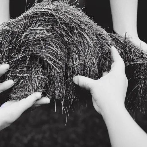 Prompt: hands holding hay, black and white, grainy