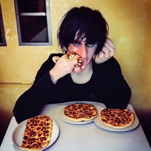 Image similar to “an emo femmeboi eating pizza and Cheerios for lunch”