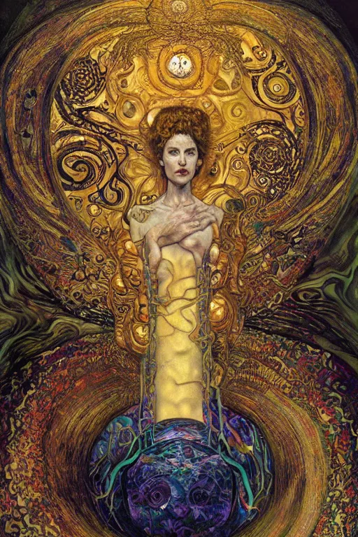 Prompt: Rebirth by Karol Bak, Jean Deville, Gustav Klimt, and Vincent Van Gogh, mysterious portrait of a sacred serpent, Surreality, radiant halo, shed iridescent snakeskin, otherworldly, enigma, fractal structures, celestial, arcane, ornate gilded medieval icon, third eye, spirals