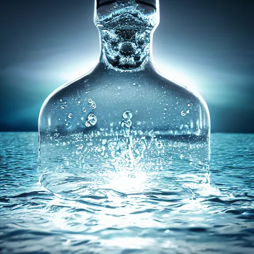 Image similar to water art manipulation in the shape of a human head in a bottle shape, on the ocean water, futuristic, glowing, hyper realistic, ray tracing, realistic water splashes, sharp focus, long shot, 8 k resolution, cinematic, photoshop art