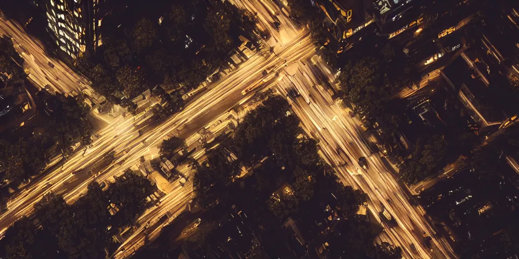 Prompt: a city street at night, raining, photograph, cyberpunk, sharp focus, intricate detail, Desolate, drone shot, high resolution,
