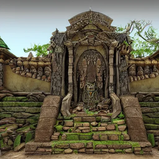 Image similar to Shrek statues in an ancient collapsing temple to Shrek discovered deep in the swamps, 4k render, octane, ancient ogre imagery, tribal war god, dark amazonian temple, onion statue, gargoyle-like decorations in the style of Donkey. hyper-detailed, intricate, hallowed swampland, Shrek (2003) by DreamWorks animation