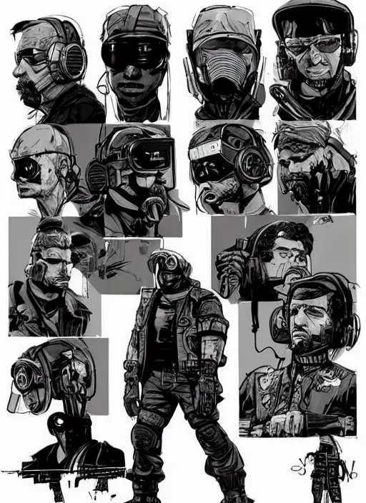 Image similar to Menacing Hector. buff cyberpunk mercenary wearing a cyberpunk headset, military vest, and jumpsuit. square face. Concept art by James Gurney and Laurie Greasley. Industrial setting. ArtstationHQ. Creative character design for cyberpunk 2077.