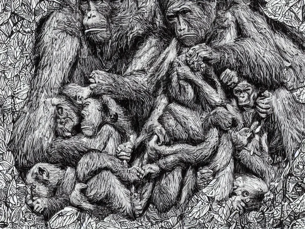 Image similar to bored ape club monkeies by Chor Boogie, intricate details, ultra detailed, 4K, award-winning, touch of M. C. Escher and Salvador Dali