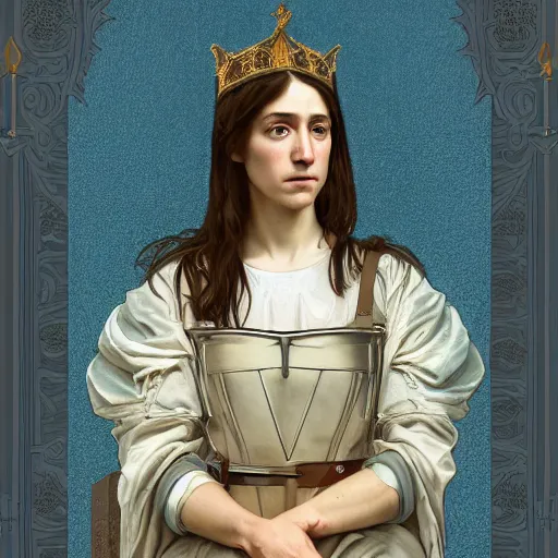 Image similar to portrait of charlotte gainsbourg as joan of arc, hyperreal digital painting, iconography influenced by alphonse mucha and eugene delacroix, arstation and deviantart trends, high resolution 8 k