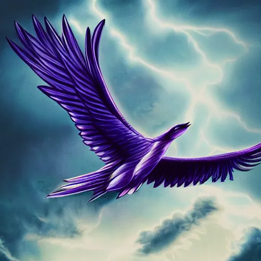 Image similar to Mythical Blue and Purple Thunderbird With Spread Wings Is Flying Through a Thunderstorm, Dramatic Lighting, Artstation