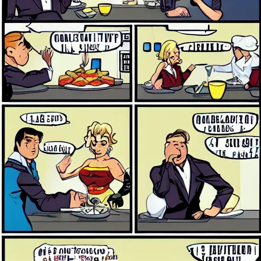 Prompt: a customer at a restaurant angrily demands potatoes from the waiter, a comic in the style of dc comics, amazing comicbook art, simple colors