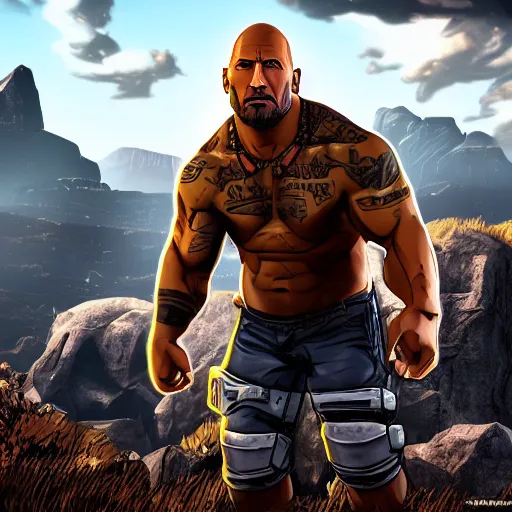 Image similar to dwayne douglas johnson portrait, borderlands, tales from the borderlands, the wolf among us, comic, cinematic lighting, studio quality, 8 k