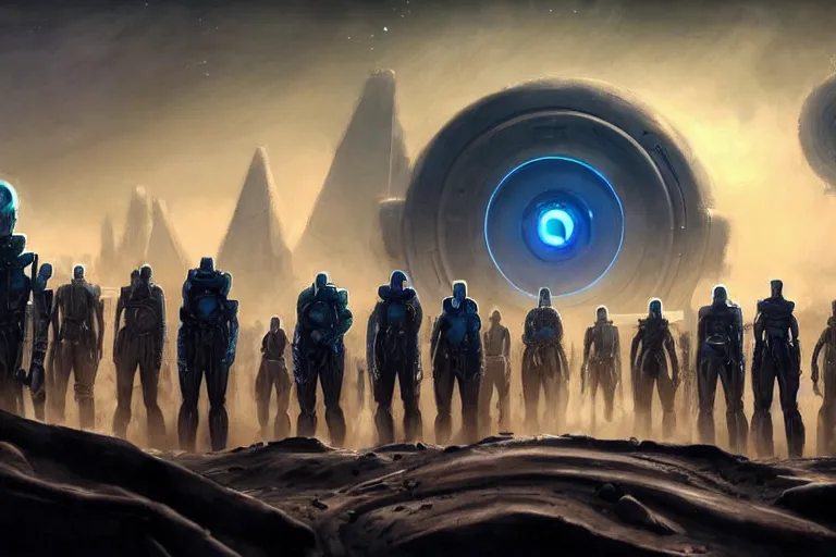 Image similar to a crowd of androids walking in a line along a spiral path towards an ancient alien portal, pilgrimage, in mad max style, stargate, coriolios rpg art style, full of details, dark sci - fi, cold blue colors, matte painting, artstation, 8 k, hyperrealistic, style of peter mohrbacher